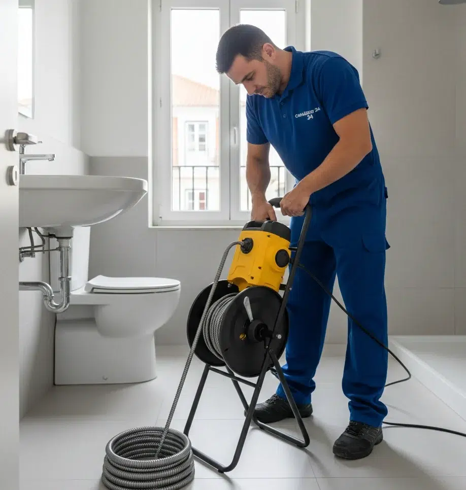 Técnico a realizar desentupimento de canos com espiral mecânica em Lisboa